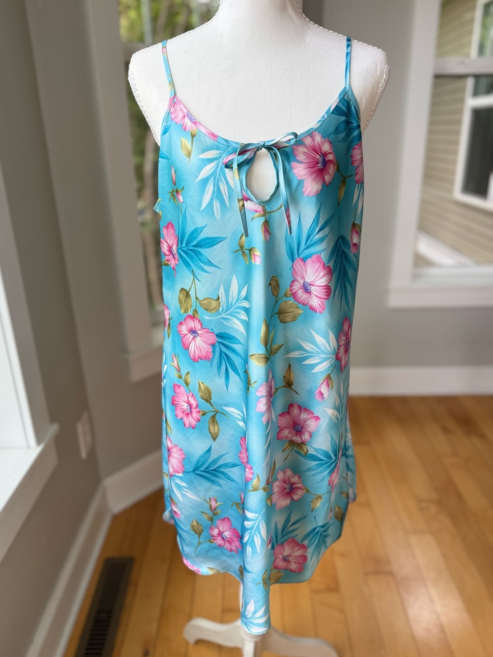 Vintage Secret Treasures Blue Pink Tropical Floral Slip Dress